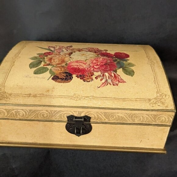 Vintage Art Deco  Dresser Jewelry Trinket Box Camelback Rose Motif Wood - Picture 1 of 9
